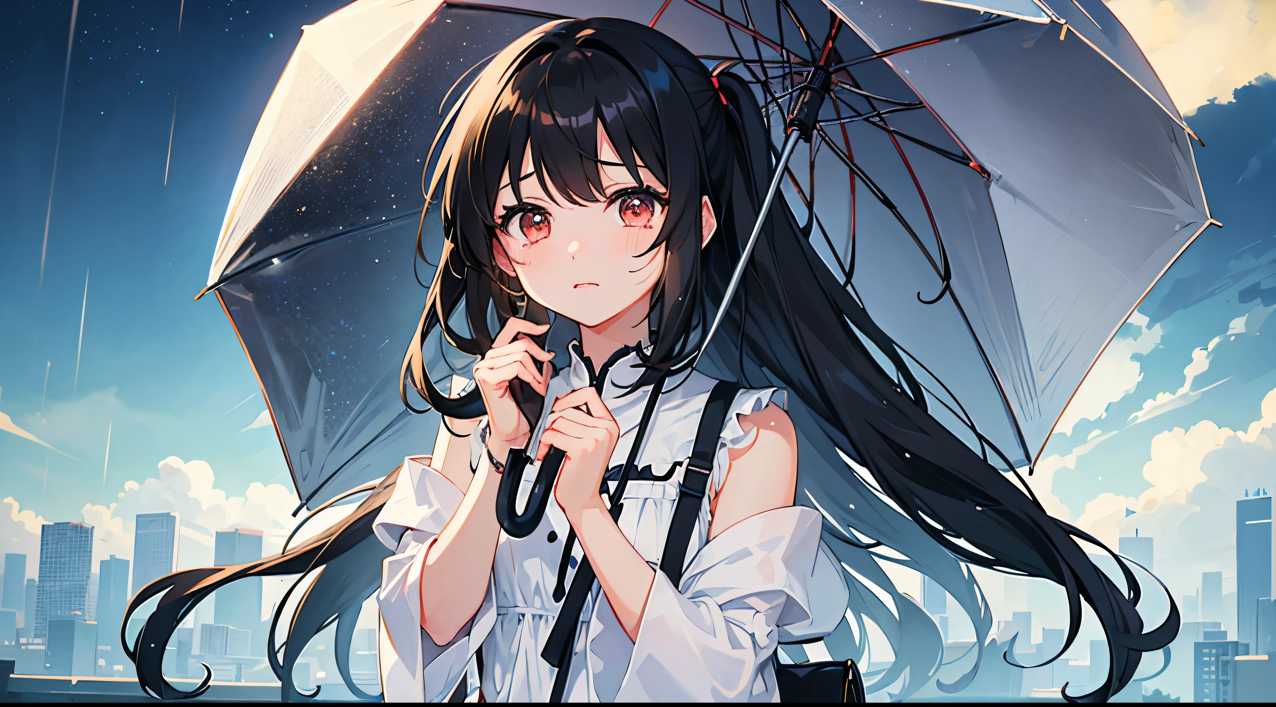 Cute illustrations、Girl、Black Hair、Half crying、My eyes are watering、Wearing a dress、One girl、The background is a rainy night、Walking with your head down without an umbrella、