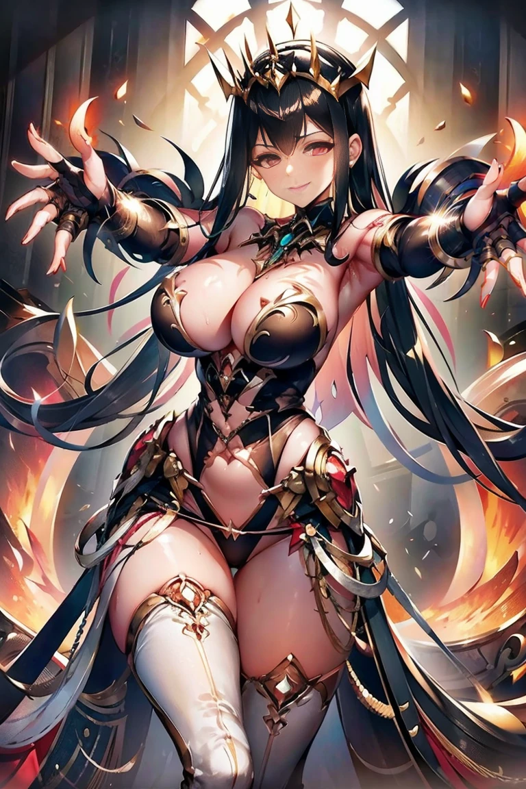 (((outstretched arms, outstretched hand, outstretched fingers))), perfect female hands and fingers, black hair, bare shoulder, red eyes, very long hair, , large breasts, showgirl skirt, high-leg, cleavage cutout bare thighs, gauntlets, bare shoulder, bare nails, bare fingers, bare hands, good hands, best hands, Correctly aligned fingers, extremely detailed hands and fingers, ultra detailed hands and fingers, super detailed hands and fingers, biologically accurate hands and fingers, 4 fingers and 1thumb accurate hands and fingers, beautiful hands and fingers, hands and fingers drawing, human hand and fingers, perfect arrangement of fingers, detail focus hands, perfection hands, better hands, adult face, fearless face, both arms, two arms, both hands, two hands, super fine illustration, masterpiece, masterwork, by famous artist, official art, ultra high res, best quality, high quality, Hand, detailed, perfect, perfection , hands, both hands is Thumb and index finger and middle finger and ring finger and little finger, symmetrical hands, even hands, panties, thighhighs, syal bangs, gleaming skin, oil skin, shiny skin, wet skin, sweat, rouge, exquisite, beautiful,cg unity 8k wall paper, perfect face, ultra detailed beautiful face, perfect nose, perfect mouth, clear eyes, light eyes, perfect eyes, symmetrical eyes, even eyes, 16k, absurdres, perfect body, perfect anatomy, perfect proportion, perfect arms, perfect torso,