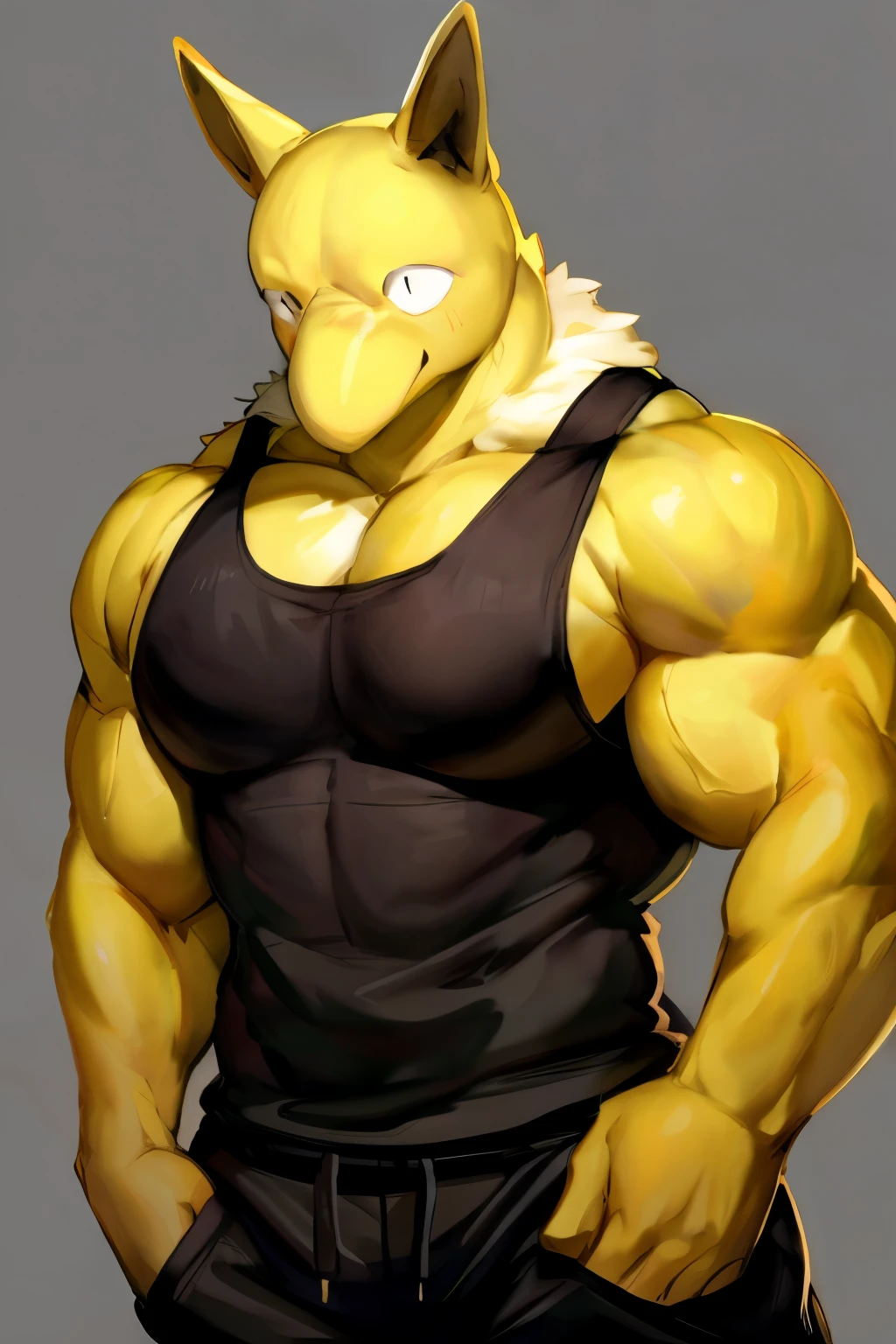 Furry, Anthro, solo, Hypno, Male, (((muscular body, massive thighs, massive male pectorals, fluffy neck, yellow skin, wearing black tanktop, wearing black sweatpants))), ((((massive biceps)))), ((((((massive bulky torso, wide-eyed, head tilted, facing viewer)))))), naked, black/yellow spraypainted background, by buta99, by zackary911, by bebebebebe, (((digital painting)))