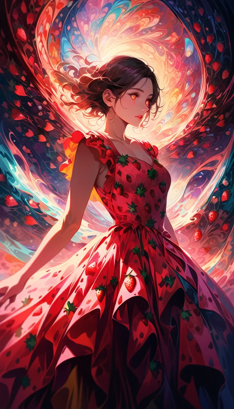 a young woman wearing a strawberry dress, beautiful detailed eyes, beautiful detailed lips, extremely detailed face and features, longeyelashes, elegant pose, graceful, dreamy, abstract strawberry dress, flowing dress, intricate dress strawberry patterns, surreal, digital painting, vibrant colors, warm color palette, glowing lighting, cinematic lighting, photorealistic, 8k, highly detailed, masterpiece