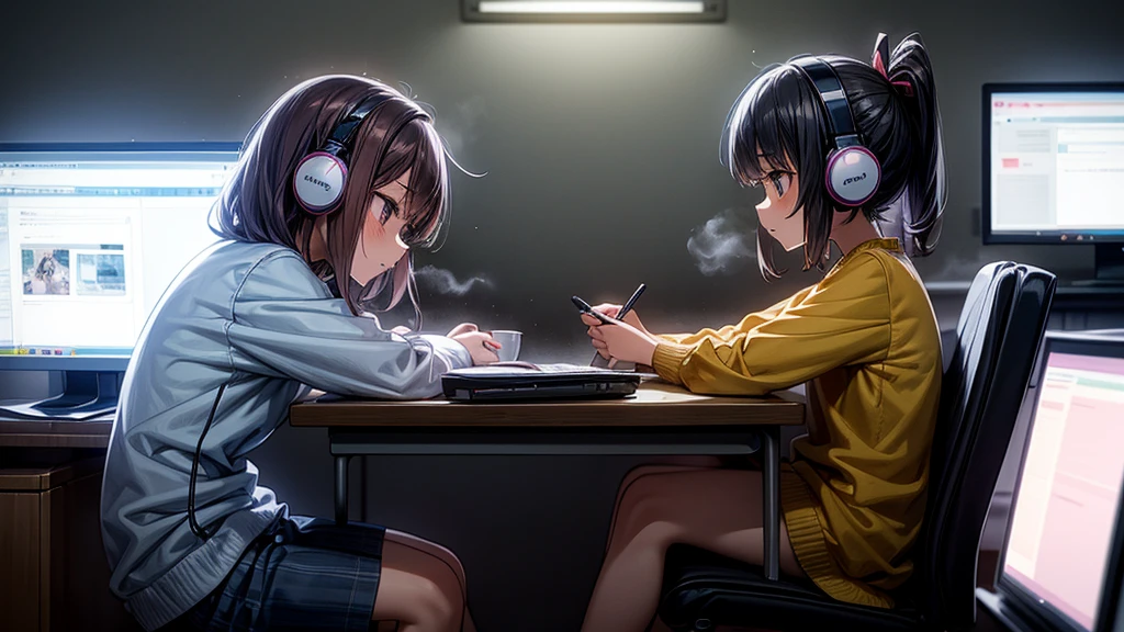 "Anime-style 10-year-old girl in casual clothing, wearing headphones, sitting in profile at her computer while studying in her room. The atmosphere is calm and nocturnal, with a steaming cup of coffee on the desk. Only the girl is visible."