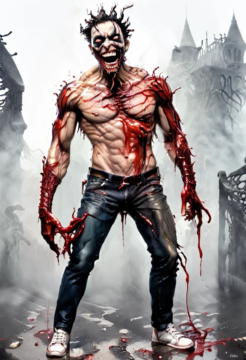 a man covered in blood. He’s wearing blue jeans and white sneakers. He’s shirtless, muscular and athletic. He leans slightly back, laughing out loud with his arms spread apart. His eyes are scary. His skin is very pale and he has black veins on his body. He has red blood on his hands and everywhere on his body. In its back, it has four large tentacles measuring more than 3 meters and at the end of its tentacles there is a sharp and venomous dart. He can control his tentacles. He’s slightly in profile. Around him, the ruins and buildings are on fire. [Male] [Bad] [Red blood] [Laughter] [Scary] [Athletic and muscular body] [Bare torso] [Black vein running through his body]
