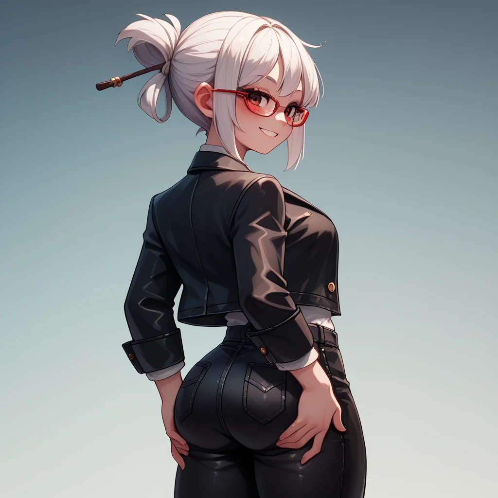 ((extreme detail)),(ultra-detailed), extremely detailed CG unity 8k wallpaper, best quality, absurdities, alone, purah_totk, short white hair, hair stick, black office jacket with white collared button blouse, red glasses, black leather pants, blush, looking at viewer, hands on butt pose, showing off her butt to the viewer, smiling, big booty