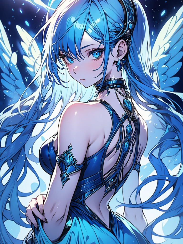 a beautiful young woman, blue eyes, blue hair, blue jumpsuit, headphones, full body, detailed portrait, masterpiece, photorealistic, intricate details, vibrant colors, glowing skin, dreamlike, serene expression, soft lighting, ethereal, whimsical, elegant