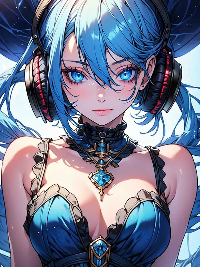 a beautiful young woman, blue eyes, blue hair, blue jumpsuit, headphones, full body, detailed portrait, masterpiece, photorealistic, intricate details, vibrant colors, glowing skin, dreamlike, serene expression, soft lighting, ethereal, whimsical, elegant