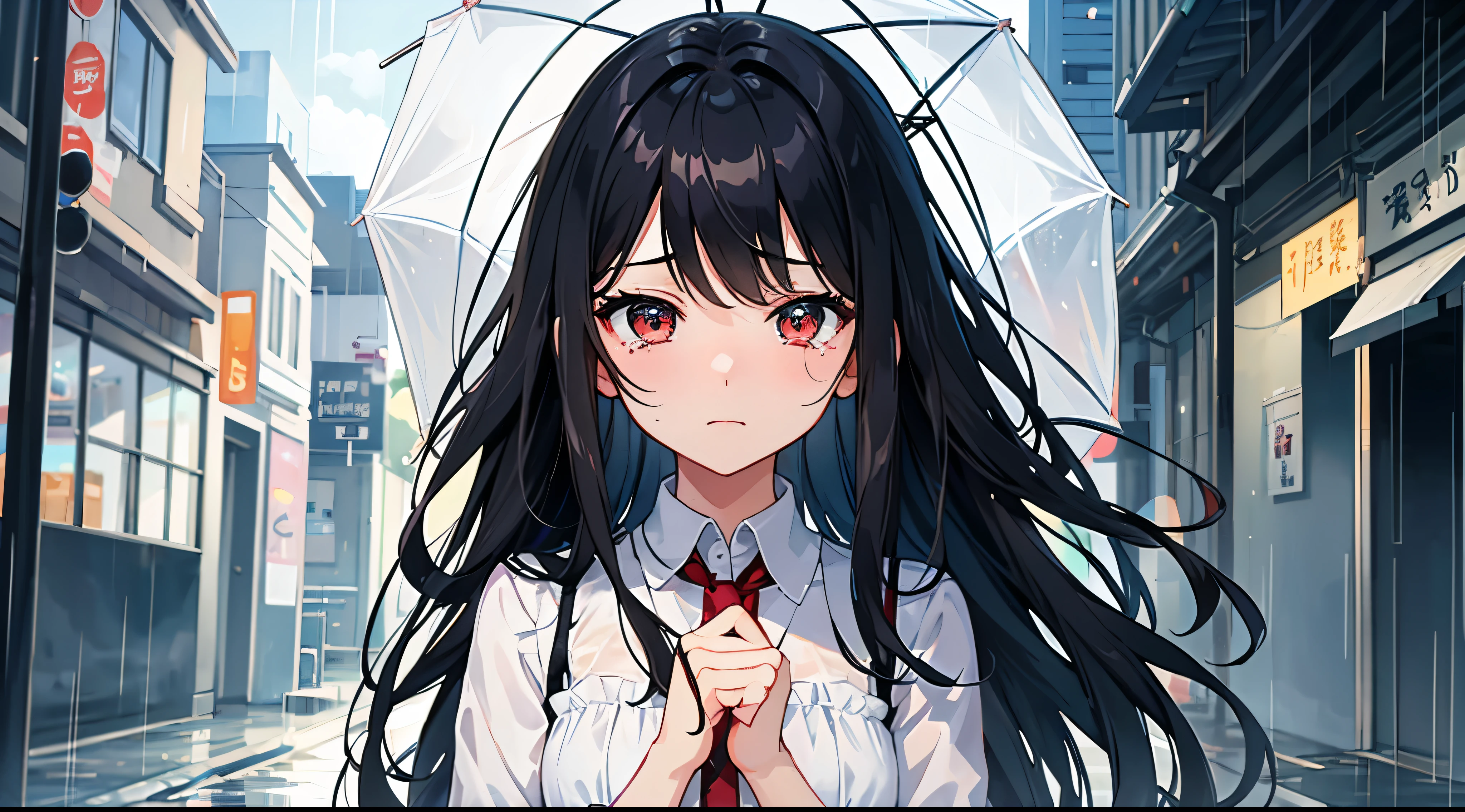 Cute illustrations、Girl、Black Hair、Half crying、My eyes are watering、Wearing a dress、One girl、The background is a rainy night、Walking with your head down without an umbrella、