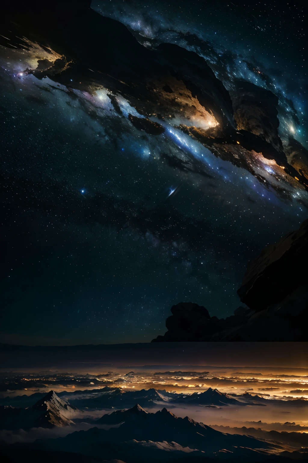 detailed wide shot of the Earth seen from the perspective of the Milky Way galaxy, highly detailed and realistic, 8k, cinematic lighting, glowing stars in the night sky, stunning cosmic atmosphere, vibrant colors, dramatic clouds, detailed surface textures, sense of scale and grandeur, masterpiece, photorealistic