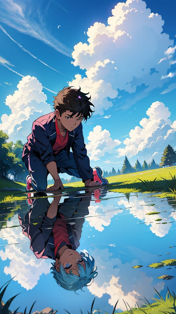A young man is reaching out to a girl on top of a grassy hill. The sky is a clear blue, and cumulonimbus clouds are spreading out widely. an 80s anime. The sky is reflected in a puddle,(bestquality 1.4),(detail1.4),(Masterpiece1.4)