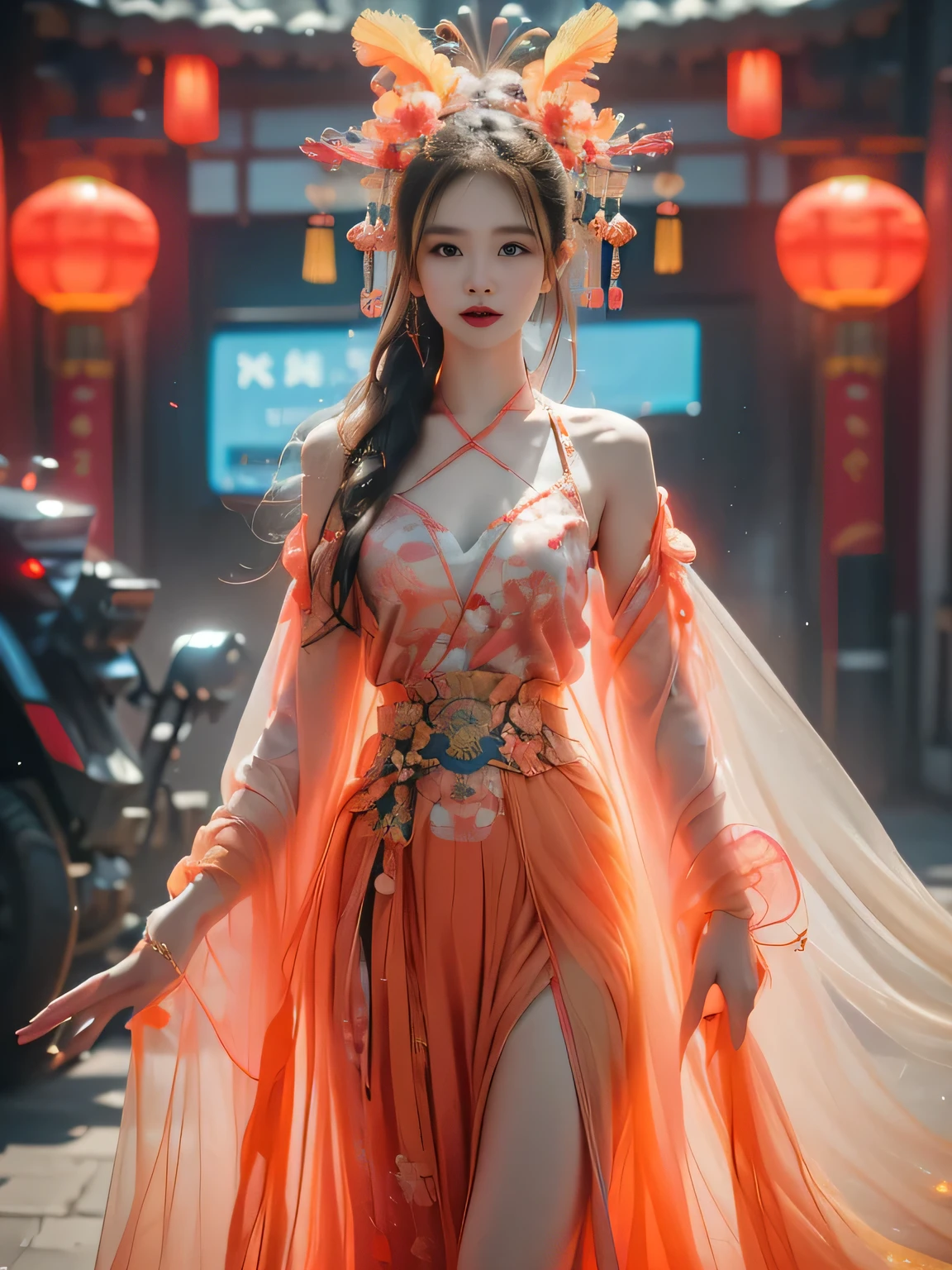 1 girl solo, perfect_hand, (8K, Raw photo, best quality, masterpiece:1.2), (Practical, photo-Practical:1.4), (extremely detailed CG unity 8K wallpaper),whole body, (Neon lights), list price, Robotic Arm, Hanfu, Chinese clothes, skirt, Pretty Face,(hidden gun:1.1), epic Practical,Raw, simulation