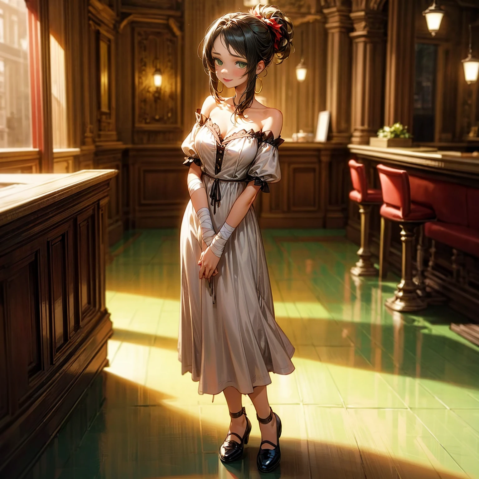 solo, young girl, green eyes, short haircut, ponytail, black hair, bare shoulder clothing, casual outfit, shoes, Bandage, hoop earrings, red lipstick, indoor, medieval town, bar, morning day, full body version, full shot camera, (detailed background, detailed hair, detailed clothing), (Bleach style art), big breasts, sad eyes, smile mouth, standing gesture 