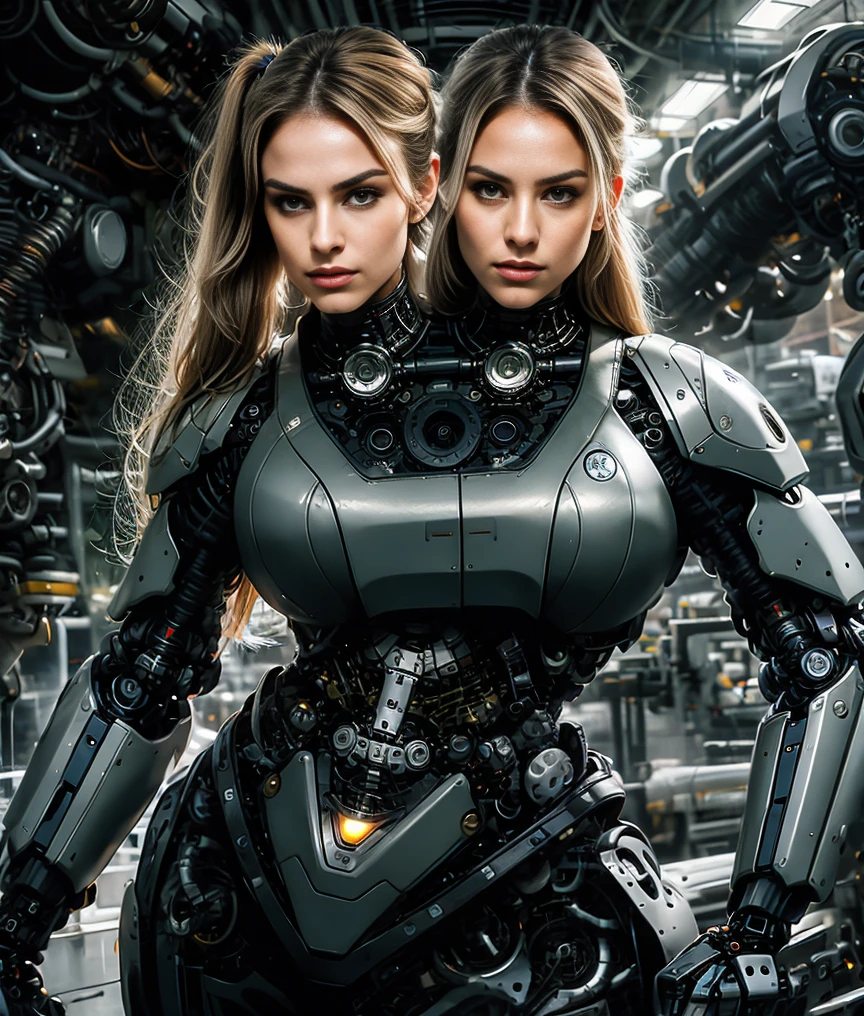 best resolution, 2heads, cyborg woman with two heads, medium cut, ponytail, blonde hair, robot jacket, mechanical background