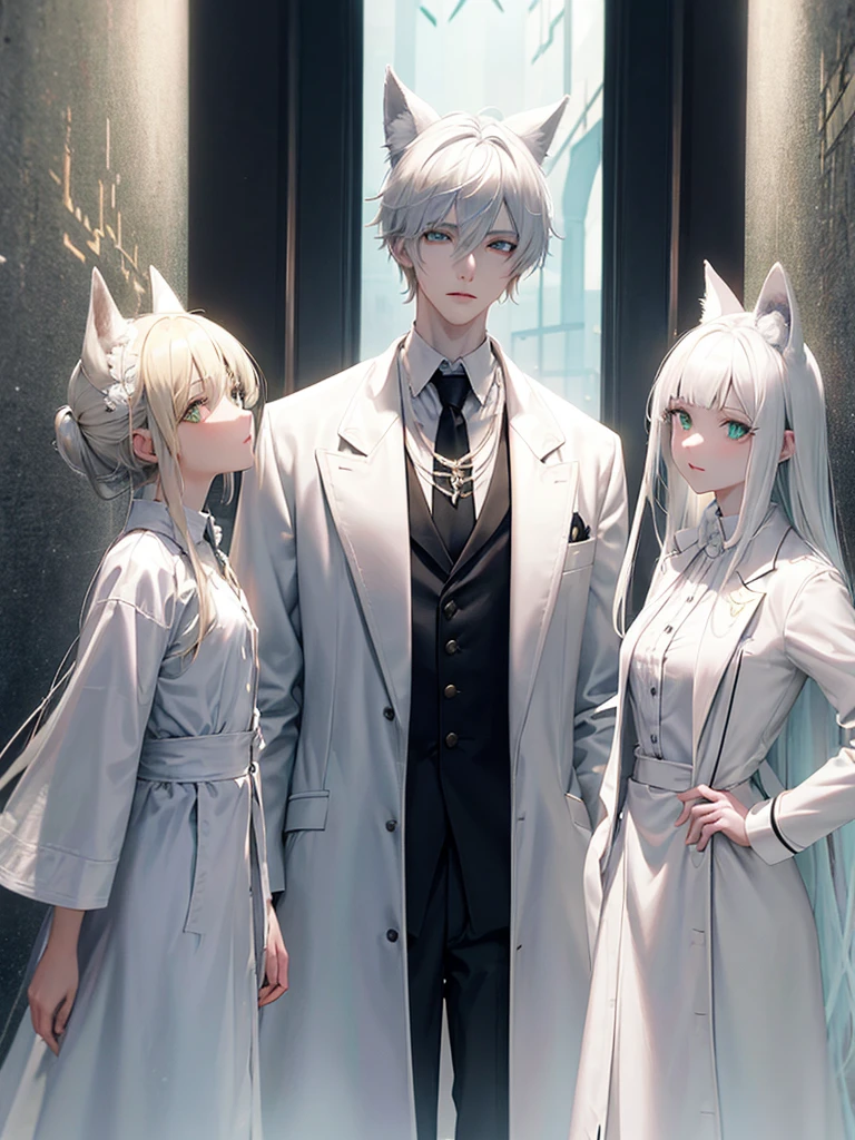 A psychologist with a white coat and wolf ears, beautiful, albino, tall, 28 years old, with his two twin sisters with emerald green eyes.
