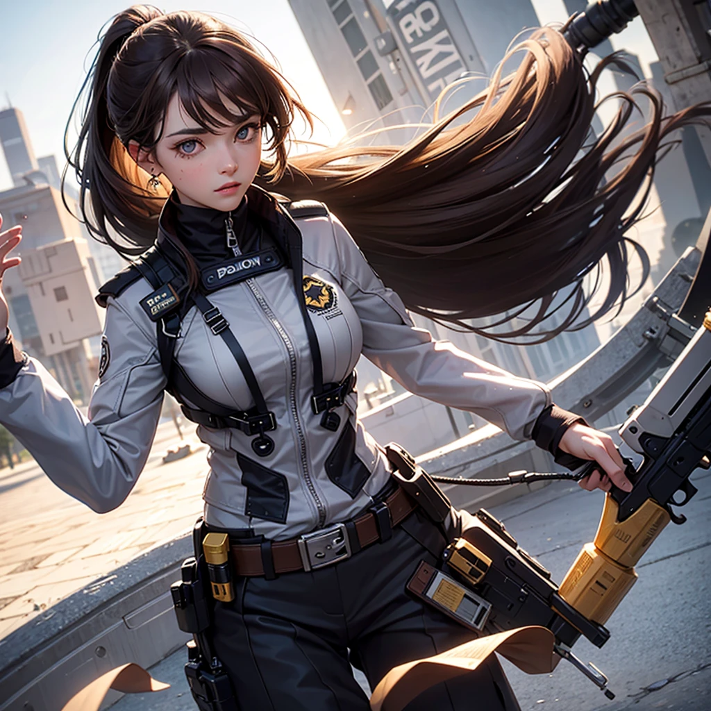 brown hair girl face. White eye, silver eye. Sun at dawn reflecting on hair. Ponytail. suit with hidden pistols.