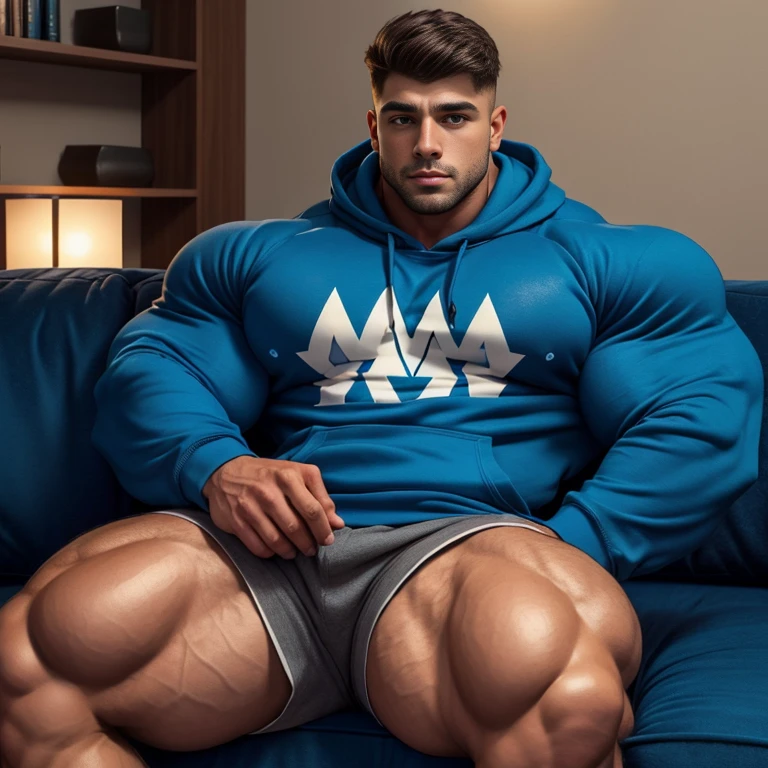 a very handsome young man, massively large muscular, with massively large muscles, with massively large biceps, with massively large arms, wearing a simple blue sweatshirt with long sleeves, sitting on a sofa