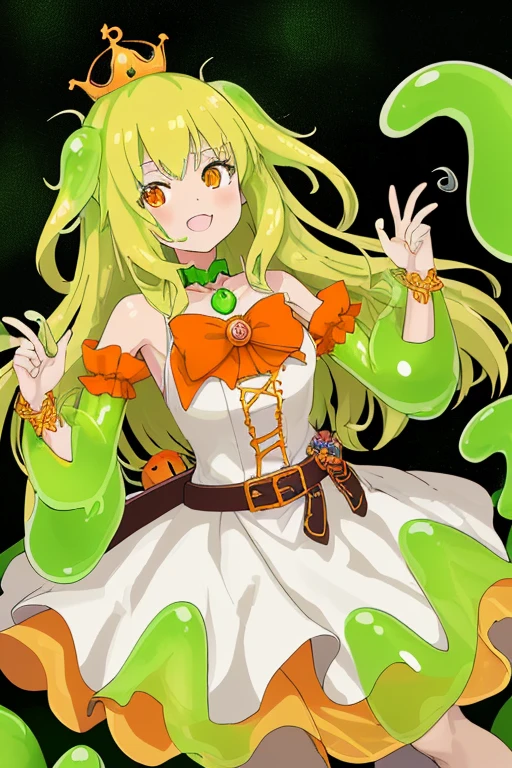 Slimeガール, (Slime), Slimeヘア ダブルおだんごヘアスタイル, Pumpkin Orange, White Princess Dress with Weapon Belt, masterpiece, Highest quality