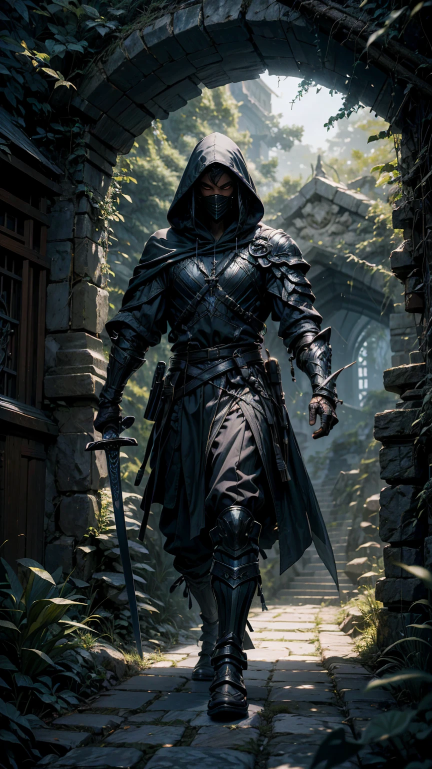 The photo shows a figure in dark armor and hood holding a sword and walking through an ancient stone corridor surrounded by vegetation. The photo has a misty atmosphere that adds to the mystery and mysticism of the setting, --v 6.0 --ar 9:16