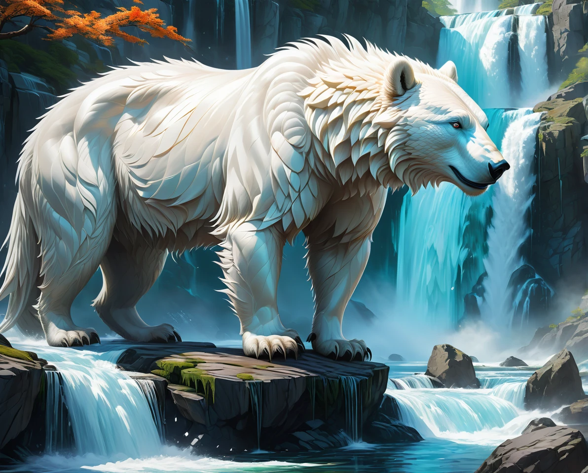 polarbear dragon hybrid. official art is an award-winning digital masterpiece in 4K Ultra HD, featuring extreme detail and intricate realism. It combines the artistry of Wlop and Artgerm in a stunning 2D vector illustration. The background is a tranquil waterfall. bright colorful.