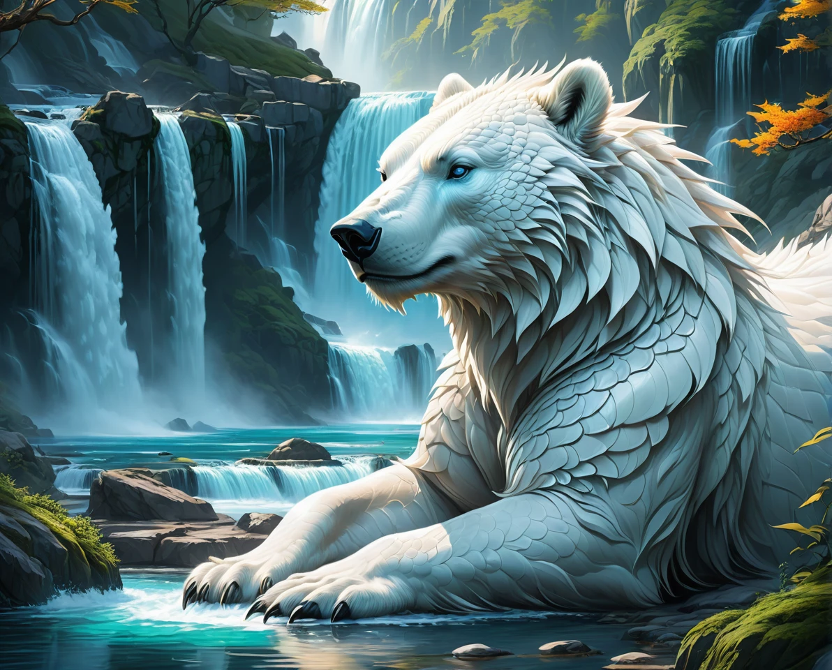 polarbear dragon hybrid. official art is an award-winning digital masterpiece in 4K Ultra HD, featuring extreme detail and intricate realism. It combines the artistry of Wlop and Artgerm in a stunning 2D vector illustration. The background is a tranquil waterfall. bright colorful.