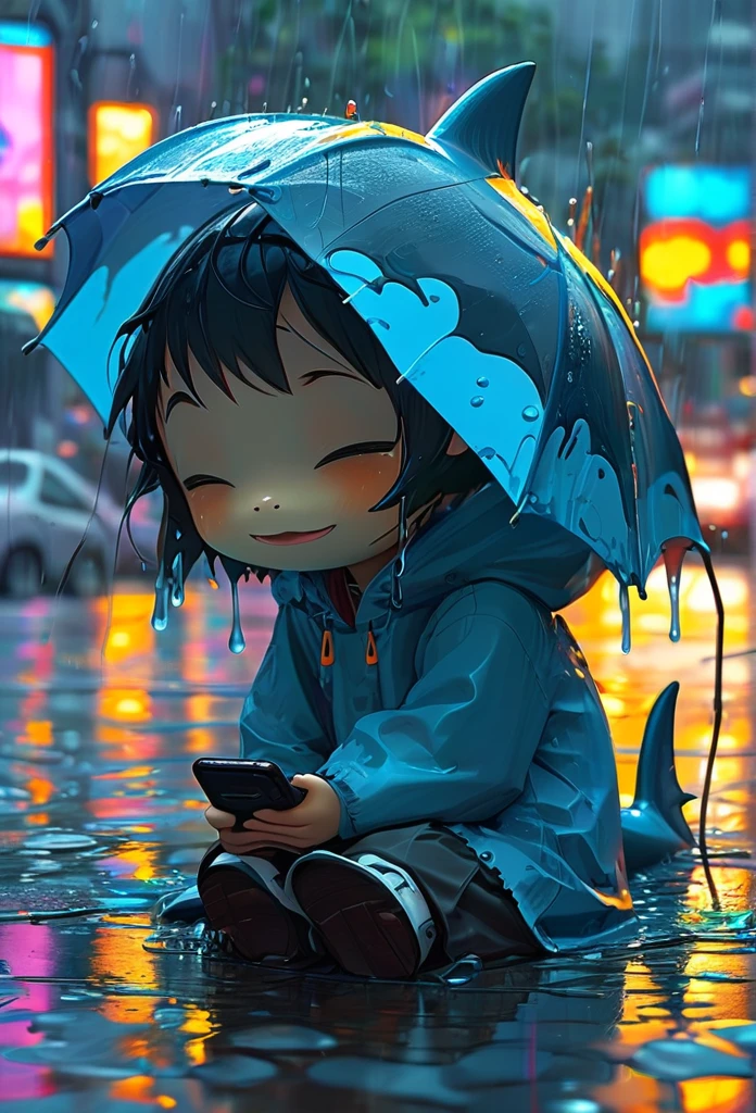 Splash Art, Cute Shark(anime, in the rain、A shark is surprised at its smartphone on the ocean floor, in the rainの涙, and sad, sad and , Emotional image, 死ぬ時のin the rainの涙のように, What is depression???, Dark illustration, rainの下, Dark Faceless Person々, sad, Dark and gloomy lighting, rain, Emotional concept art, he is sad, sadness personified、Stock chart in the background), wonderfulインスタグラム, Art Station, Colorful paint splash style+, Very detailed、Exquisitely crafted down to the last detail, Engine Unreal, wonderful, Details Complexity, Splash screen, Complementary Color, Realistic concept art, 8k resolution, deviantart masterpiece, Oil, Thick brushwork, Paint drips, Splash Art
