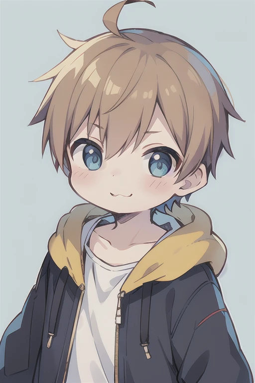 Highest quality, (high quality),eye highlights,arms are thin, thin body,face,from front, (portrait),((very short hair)),look at viewer,with heart-shaped pupils,droopy eyes,very happy smile,Pouting mouth,open your mouth and laugh,(((chilled boy))), (1 boy),(bronze hair),((very very short hair)),parka,light Blue background ,illustration,anime style,