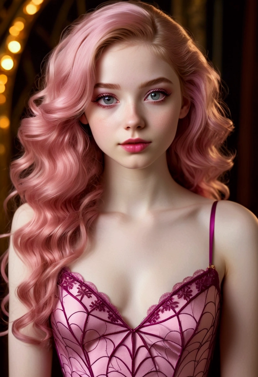 An 18 years old European girl with pale skin and long, wavy rose_gold hair. large and magenta colored eyes, full lips, with an adorable, and innocent face. She should have a happy expression, wearing a pink, gold, and rose gold colored dress, with an elegant and spider web lace theme, something that emphasizes her sweet and compassionate personality. Overall, her appearance would be striking, attracting curious looks. small chested, slender, cinematic lighting, chromatic aberration, backlighting, masterpiece, high details, high quality, 4K.