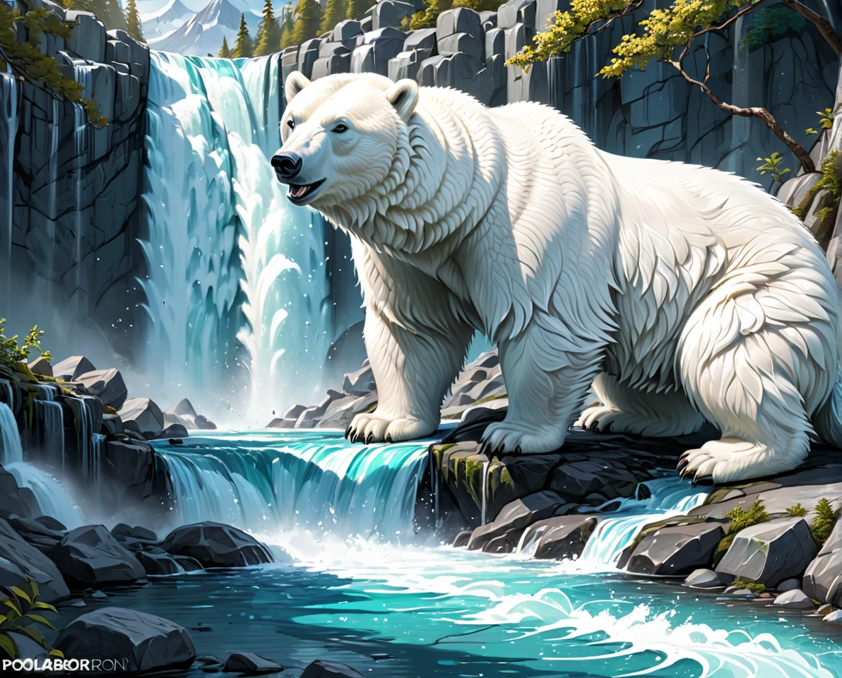 polarbear dragon hybrid. official art is an award-winning digital masterpiece in 4K Ultra HD, featuring extreme detail and intricate realism. It combines the artistry of Wlop and Artgerm in a stunning 2D vector illustration. The background is a tranquil waterfall. bright colorful.