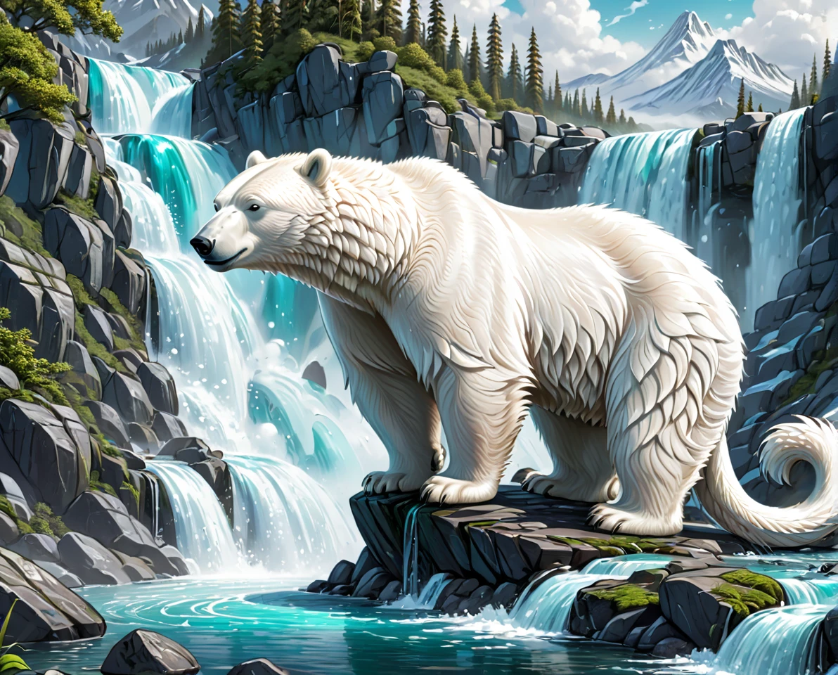 polarbear dragon hybrid. official art is an award-winning digital masterpiece in 4K Ultra HD, featuring extreme detail and intricate realism. It combines the artistry of Wlop and Artgerm in a stunning 2D vector illustration. The background is a tranquil waterfall. bright colorful.