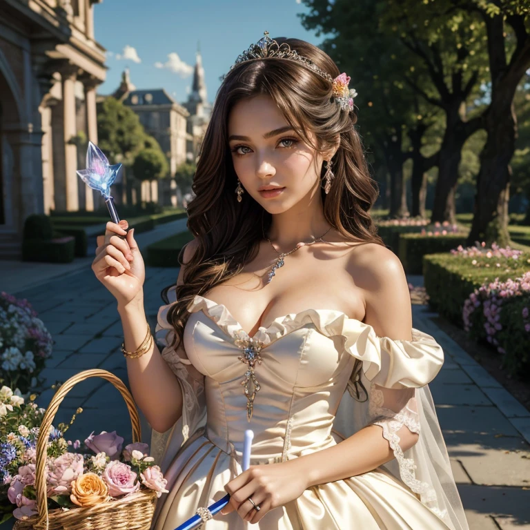 (masterpiece, best quality:1.5), highest quality, High resolution, super detailed, Realists, Upper body photo of a brunette young magical girl, detailed and beautiful eyes, beautiful detailed lips, very detailed eyes and face, longeyelashes, white satin wedding dress, Holding a magic wand in your hand, Cast a transformation spell, With her magic wand she transforms a basket of stones into a bouquet of flowers, Glowing wands available,Beautiful and colorful makeup, elegant and noble々The jewelry bag, Gardens as background, soft daylight, bright colors, fine brushstrokes, Portrait style, Silk dress fabric, beautiful color palette, glowing skin, First-class rendering, that captures every detail, enchanting atmosphere, subtle shadows and lights, (perfect anatomy:1.2), (The stunning magical girl in a wedding dress turns stones into flowers, Flower rhinestones with vase on a table(a transformation with the magic wand:1.4), (magnificent panorama view:1.2)