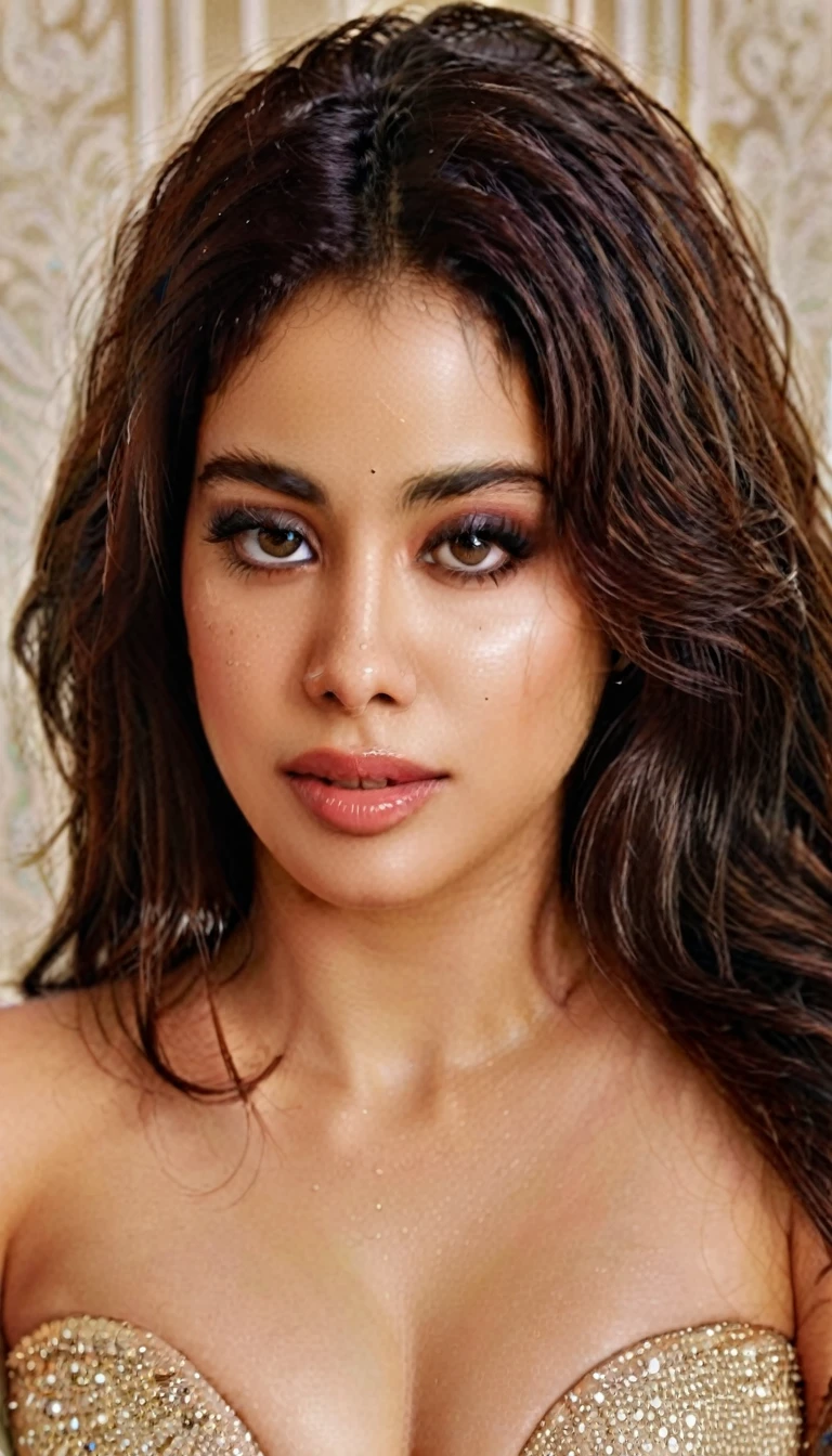 RAW, full body close up,janhvi kapoor, bedroom,Best quality, high resolution, Masterpiece: 1.3), (perfect eyes),Beautiful woman, high resolution,Stunning indian ancient princess in bikini , Soft smile, short dark hair, Beautiful indian woman wearing less clothes, high resolution, 4k, HDR, photorealistic, realistic, sweaty skin, thin face, big breasts, perfect makeup up, big eyes, glossy lips, perfect nose, smile soft, thick sexy body, wet body, ((( surrealisme))), full_body_shot, dramatic, rays of light, volumetric lighting, detailed face, very detailed, curvy shape