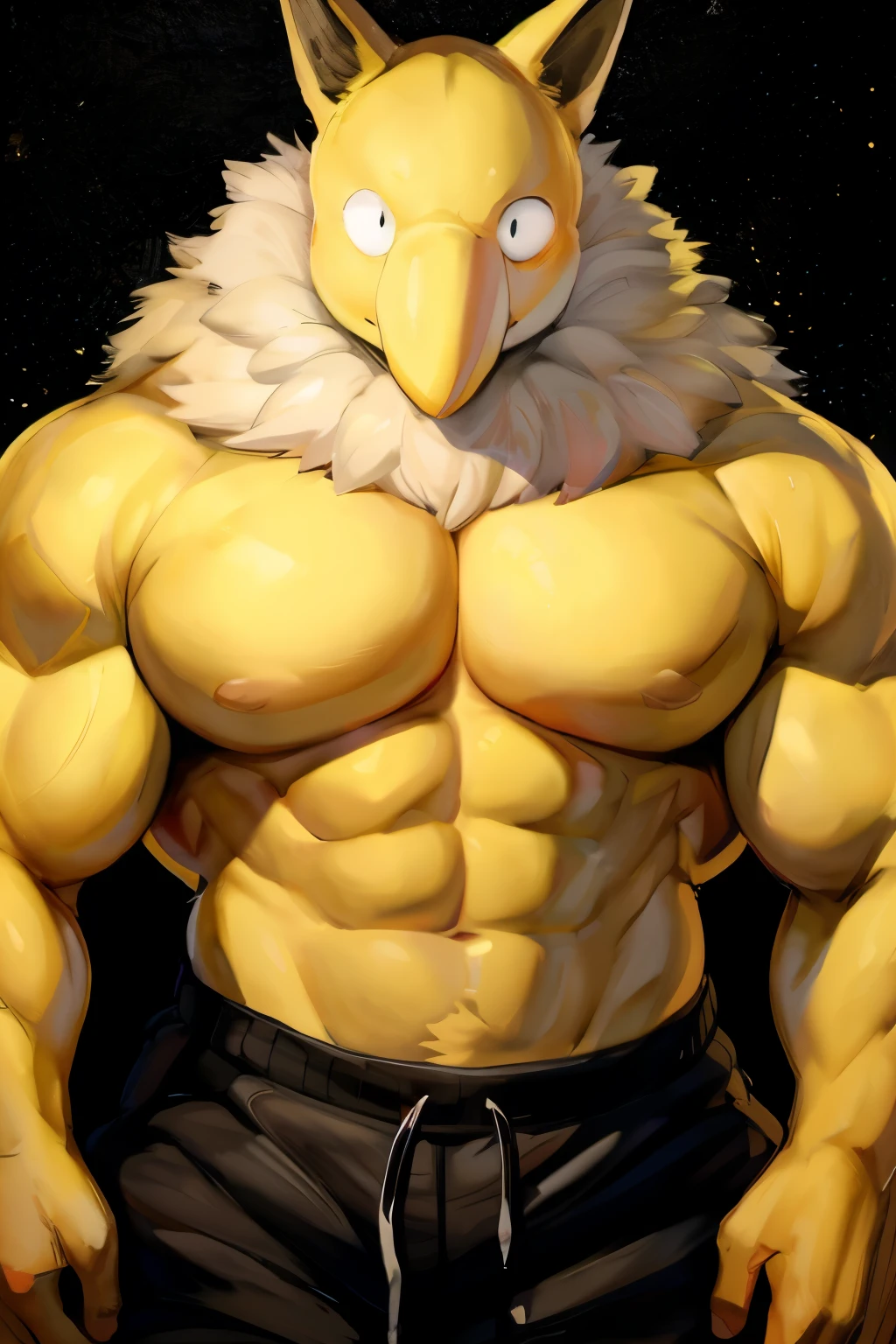 Furry, Anthro, solo, Hypno, Male, (((muscular body, massive thighs, massive male pectorals, fluffy neck, yellow skin, wearing black tanktop, wearing black sweatpants))), ((((massive biceps)))), ((((((massive bulky torso, wide-eyed, head tilted, facing viewer)))))), naked, black/yellow spraypainted background, by buta99, by zackary911, by bebebebebe, (((digital painting)))