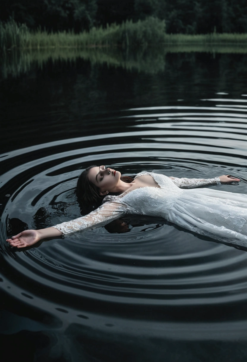 woman's body in white dress floating in a lake, dark evening, suicide, macabre night, dark lake,