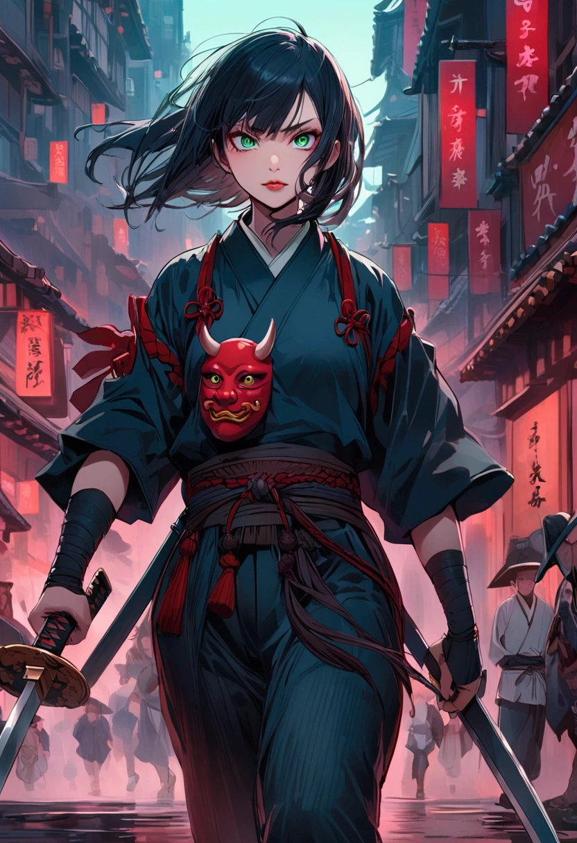 Samurai, running towards viewer, sharp eyes, black hair, grün eyes, she is wearing an oni mask, sword is inside the swordscabbard