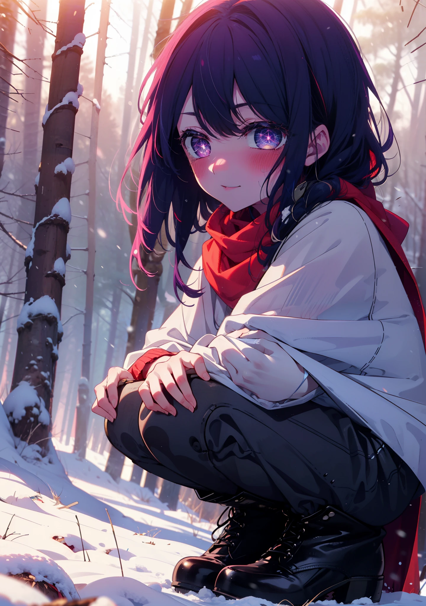 aihoshino, Ai Hoshino, Long Hair, bangs, (Purple eyes:1.1), Purple Hair, (Symbol-shaped pupil:1.5), smile,,smile,blush,white breath,
Open your mouth,snow,Ground bonfire, Outdoor, boots, snowing, From the side, wood, suitcase, Cape, Blurred, , forest, White handbag, nature, Squat, Mouth closed, Cape, winter, Written boundary depth, Black shoes, red Cape break looking at viewer, Upper Body, whole body, break Outdoor, forest, nature, break (masterpiece:1.2), Highest quality, High resolution, unity 8k wallpaper, (shape:0.8), (Beautiful and beautiful eyes:1.6), Highly detailed face, Perfect lighting, Extremely detailed CG, (Perfect hands, Perfect Anatomy),