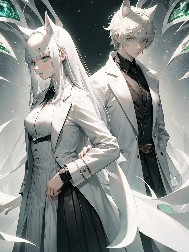 A psychologist with a white coat and wolf ears, beautiful, albino, tall, 28 years old, with his two twin sisters with emerald green eyes.