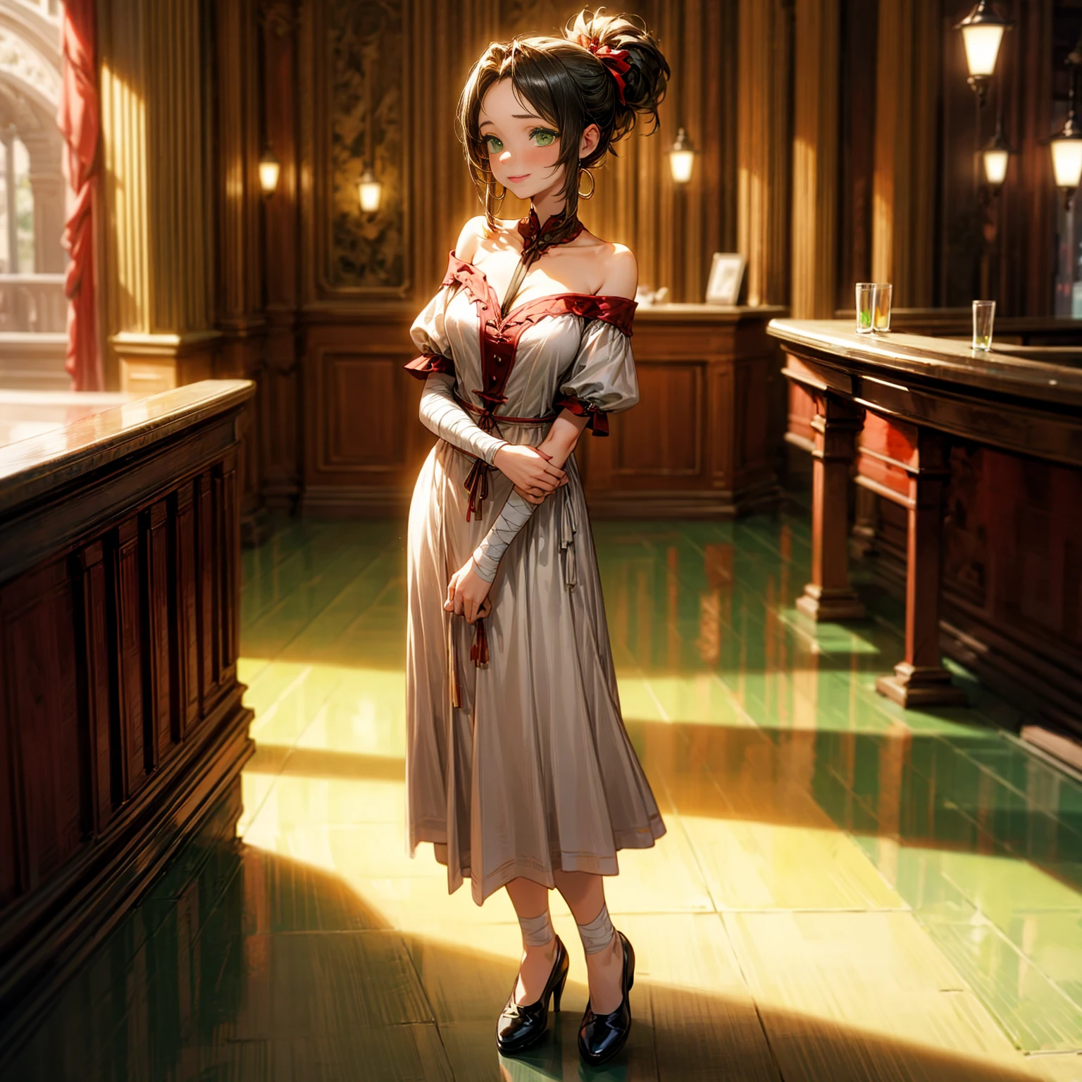 solo, young girl, green eyes, short haircut, ponytail, black hair, bare shoulder clothing, casual outfit, shoes, Bandage, hoop earrings, red lipstick, indoor, medieval town, bar, morning day, full body version, full shot camera, (detailed background, detailed hair, detailed clothing), (Bleach style art), big breasts, sad eyes, smile mouth, standing gesture
