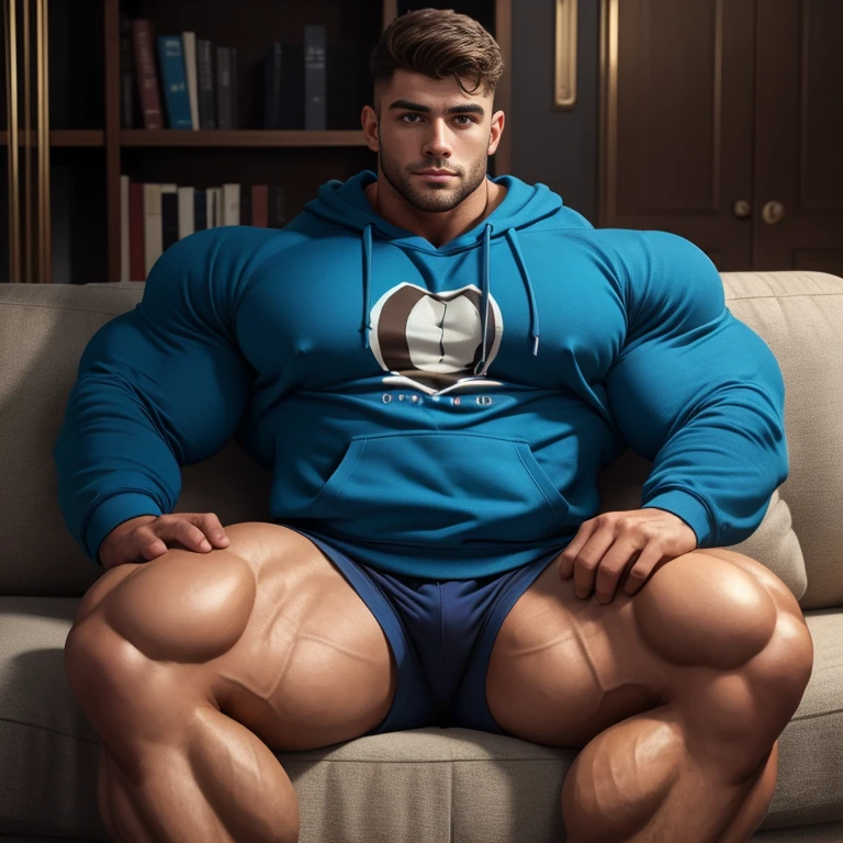 a very handsome young man, massively large muscular, with massively large muscles, with massively large biceps, with massively large arms, wearing a simple blue sweatshirt with long sleeves, sitting on a sofa
