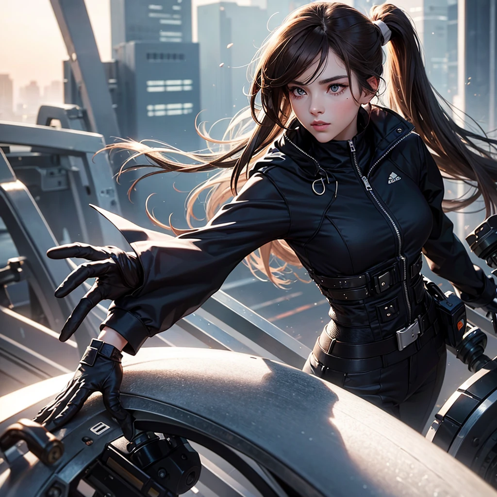 brown hair girl face. White eye, silver eye. Sun at dawn reflecting on hair. Ponytail. Spy suit . Black jacket