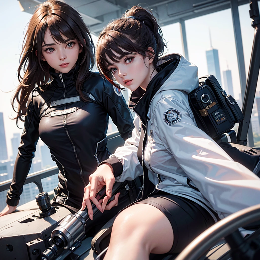 brown hair girl face. White eye, silver eye. Sun at dawn reflecting on hair. Ponytail. Spy suit . Black jacket 