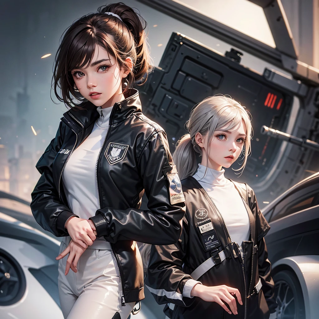 brown hair girl face. White eye, silver eye. Sun at dawn reflecting on hair. Ponytail. Spy suit . Black jacket