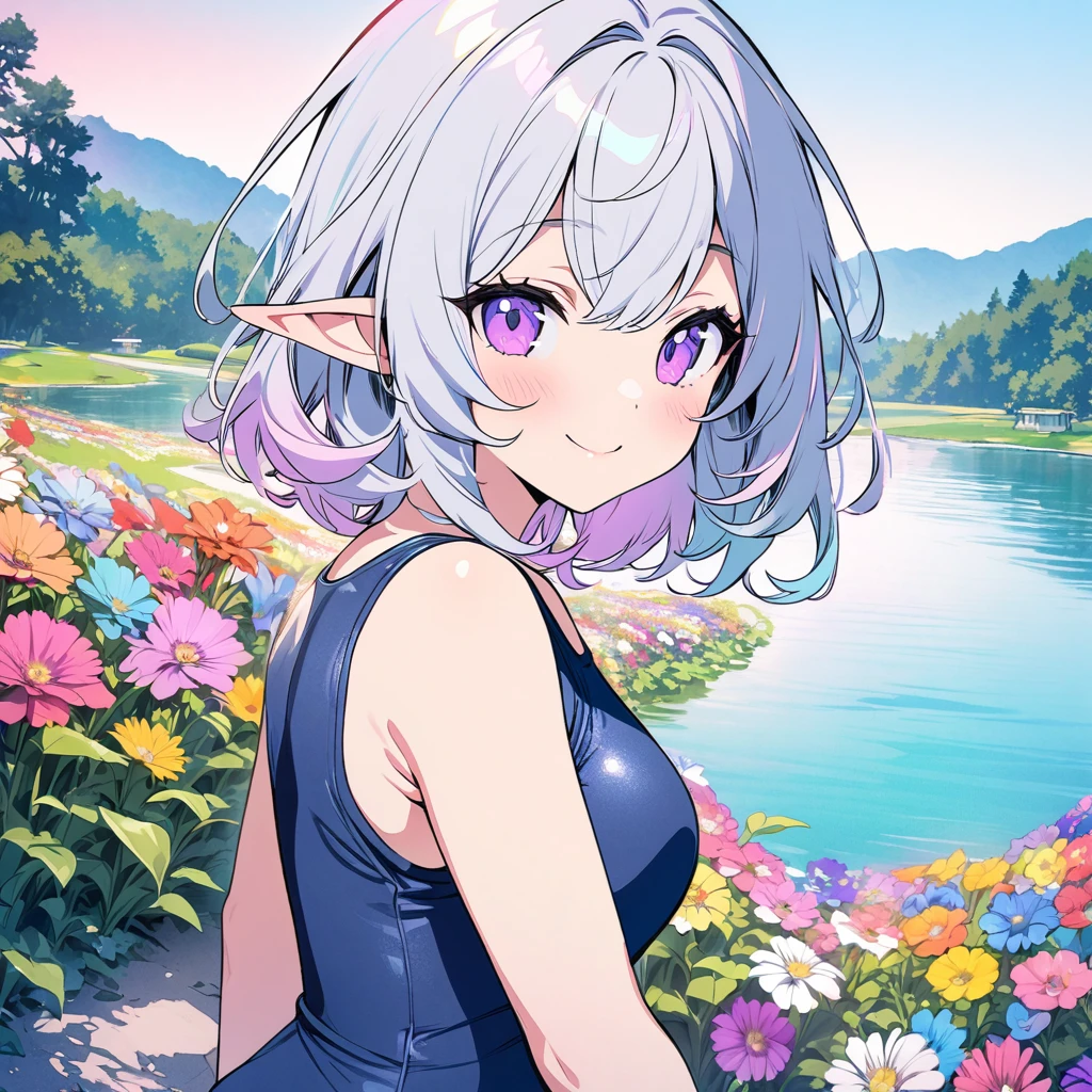 Top quality, masterpiece, high resolution, pastel color style, elf girl, school swimsuit, silver hair, purple eyes, colorful flower garden, lake, smile