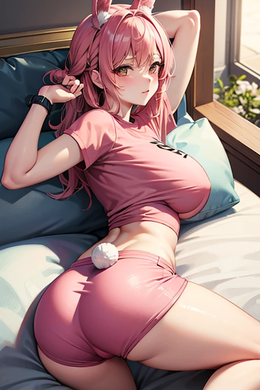 The bunny girl lies on the sofa wearing a tight-fitting T-shirt and pink shorts. Has a sand watch at the waist., has huge breasts and ass,