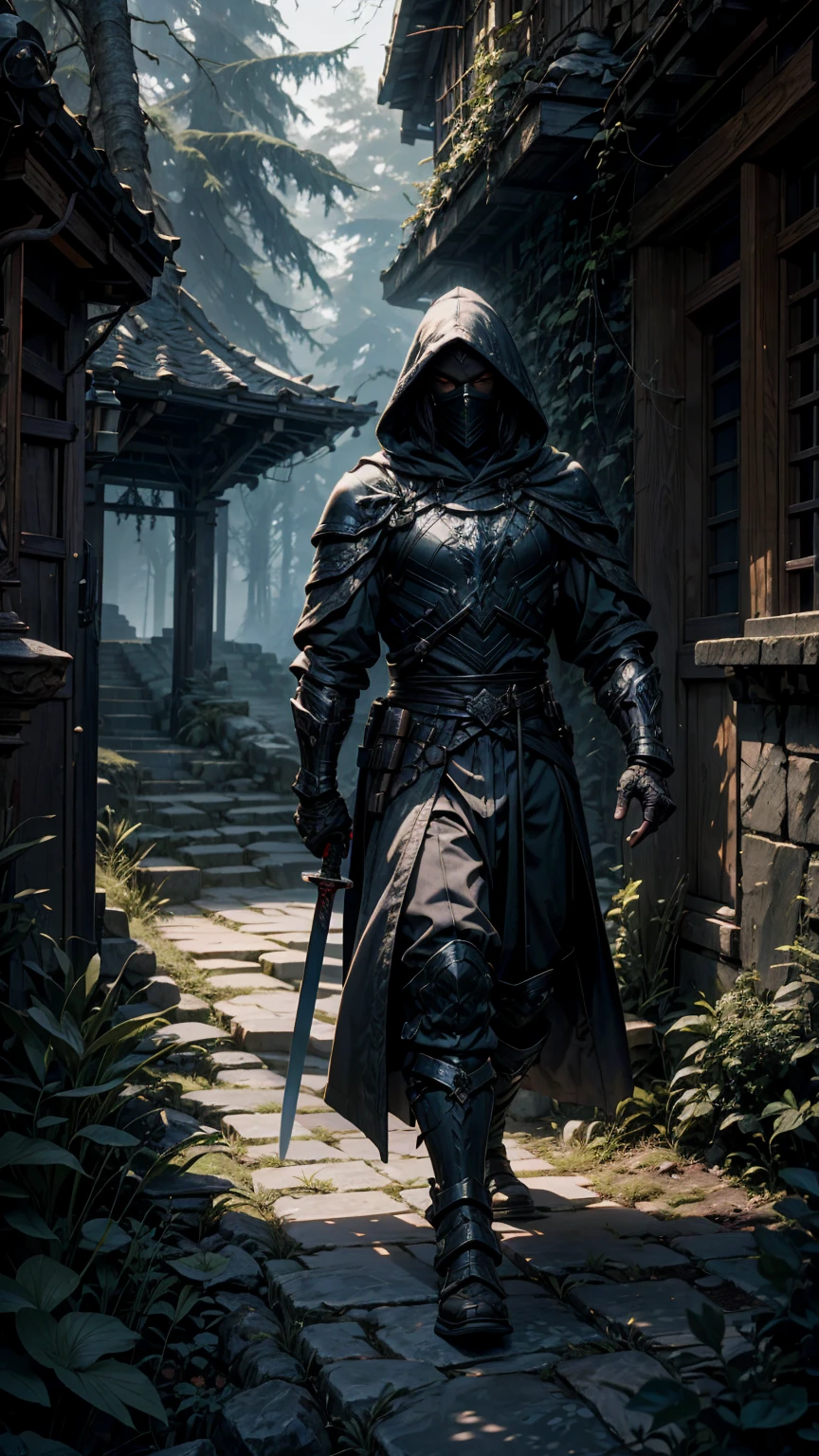 The photo shows a figure in dark armor and hood holding a sword and walking through an ancient stone corridor surrounded by vegetation. The photo has a misty atmosphere that adds to the mystery and mysticism of the setting, --v 6.0 --ar 9:16