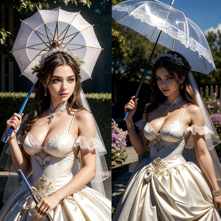(masterpiece, best quality:1.5), highest quality, High resolution, super detailed, Realists, Upper body photo of a brunette young magical girl, detailed and beautiful eyes, beautiful detailed lips, very detailed eyes and face, longeyelashes, white satin wedding dress, Holding a magic wand in your hand, Cast a transformation spell, With her magic wand she turns a sword into an umbrella, Glowing wands available,Beautiful and colorful makeup, elegant and noble々The jewelry bag, Gardens as background, soft daylight, bright colors, fine brushstrokes, Portrait style, Silk dress fabric, beautiful color palette, glowing skin, First-class rendering, that captures every detail, enchanting atmosphere, subtle shadows and lights, (perfect anatomy:1.2), (The stunning magical girl in a wedding dress turns a sword into a beautiful umbrella, (a transformation with the magic wand:1.4), (magnificent panorama view:1.2)