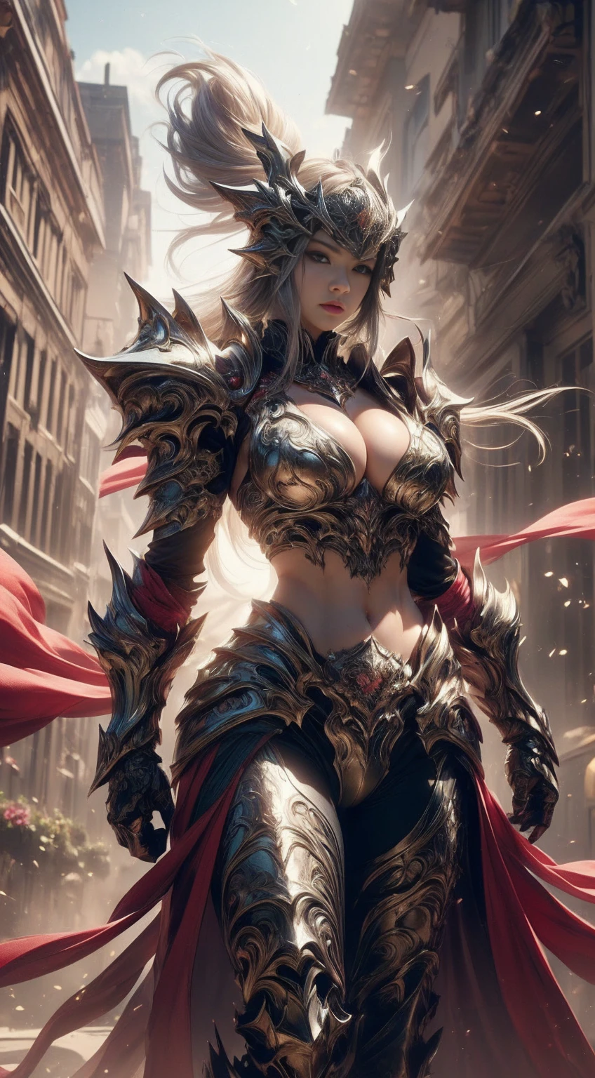 (best quality, 8k, 32K, illustration, ultra high definition: 1.2), professional photos, realistic photo, fancy, Multiple angles, photo taken up close, beauty warrior,sexy, (Goddess of Beauty), 1 girl,
((huge screen: 1.2, Long, natural breasts with prominent cleavage, Armor)), ,
muscular abdomen, beautiful breasts, fascinating beauty, Your blue eyes shine with determination.,
While her golden hair falls in soft waves over her shoulders. ((Vestida con Armor finamente elaboradas, with golden and sexy details, Armor
그녀는 변태적인 관능미를 고양한다, Armor
섬세한 라인과 복잡한 디테일이 당신의 존재감을 더욱 매혹적으로 만들어줍니다... A flowing cloak that dances with the wind.., Armor
se ajusta para resaltar su feminidad y abdomen tonificado. (surreal), (illustration), (high resolution), (8k), (very detailed), (best illustration), (Beautiful and detailed visual quality), (very detailed), (master part),
(realistic) , (natural light), (lighting border), (detailed face), (사실적이고 very detailed 피부 질감.), (anatomically correct), (alone), (1 girl), (very detailed realistic 머리카락), Black fur, colors :1.2,,
(exotic eyes), (detailed green eyes), (small dots weep in the eyes), (se nos grandes e realistas:1.5), (seNos expuestos:1.long legs), (skinny abs), (dynamic pose) , building outdoor scenery