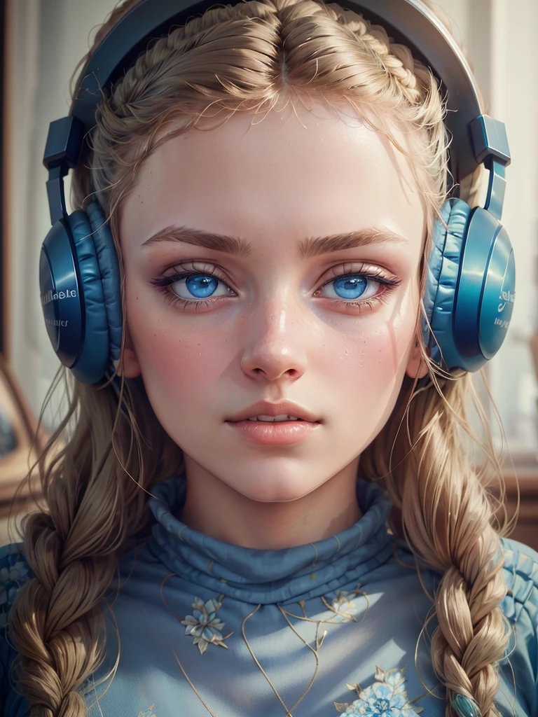 a beautiful young woman with sparkling blue eyes, pastel blue jumpsuit, listening to music in her headsets, detailed portrait, masterpiece, photorealistic, intricate details, vibrant colors, glowing skin, dreamlike, serene expression, soft lighting, ethereal, whimsical, elegant
