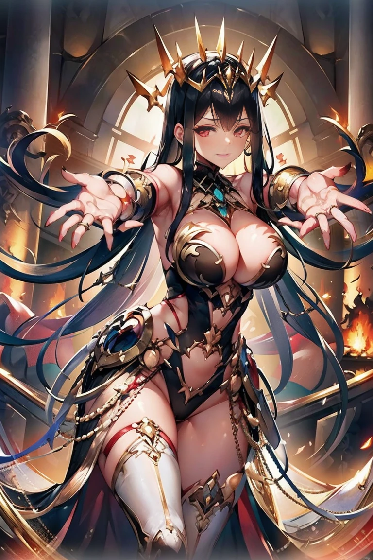(((outstretched arms, outstretched hand, outstretched fingers))), perfect female hands and fingers, black hair, bare shoulder, red eyes, very long hair, cleavage, large breasts, dress, showgirl skirt, high-leg, cleavage cutout, tiara, bare thighs, gauntlets, bare shoulder, bare nails, bare fingers, bare hands, good hands, best hands, Correctly aligned fingers, extremely detailed hands and fingers, ultra detailed hands and fingers, super detailed hands and fingers, biologically accurate hands and fingers, 4 fingers and 1thumb accurate hands and fingers, beautiful hands and fingers, hands and fingers drawing, human hand and fingers, perfect arrangement of fingers, detail focus hands, perfection hands, better hands, adult face, fearless face, both arms, two arms, both hands, two hands, super fine illustration, masterpiece, masterwork, by famous artist, official art, ultra high res, best quality, high quality, Hand, detailed, perfect, perfection , hands, both hands is Thumb and index finger and middle finger and ring finger and little finger, symmetrical hands, even hands, panties, thighhighs, symmetrical bangs, gleaming skin, oil skin, shiny skin, wet skin, sweat, rouge, exquisite, beautiful,cg unity 8k wall paper, perfect face, ultra detailed beautiful face, perfect nose, perfect mouth, clear eyes, light eyes, perfect eyes, symmetrical eyes, even eyes, 16k, absurdres, perfect body, perfect anatomy, perfect proportion, perfect arms, perfect torso, palm of the hand,