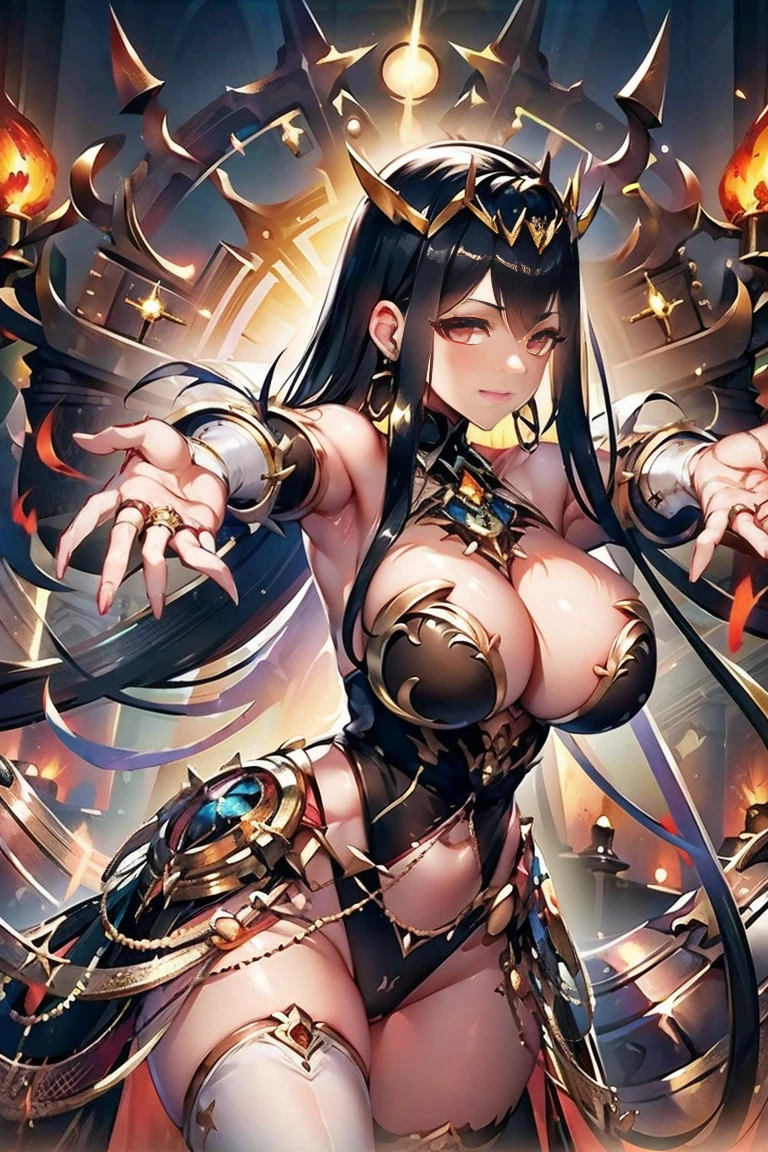 (((outstretched arms, outstretched hand, outstretched fingers))), perfect female hands and fingers, black hair, bare shoulder, red eyes, very long hair, cleavage, large breasts, dress, showgirl skirt, high-leg, cleavage cutout, tiara, bare thighs, gauntlets, bare shoulder, bare nails, bare fingers, bare hands, good hands, best hands, Correctly aligned fingers, extremely detailed hands and fingers, ultra detailed hands and fingers, super detailed hands and fingers, biologically accurate hands and fingers, 4 fingers and 1thumb accurate hands and fingers, beautiful hands and fingers, hands and fingers drawing, human hand and fingers, perfect arrangement of fingers, detail focus hands, perfection hands, better hands, adult face, fearless face, both arms, two arms, both hands, two hands, super fine illustration, masterpiece, masterwork, by famous artist, official art, ultra high res, best quality, high quality, Hand, detailed, perfect, perfection , hands, both hands is Thumb and index finger and middle finger and ring finger and little finger, symmetrical hands, even hands, panties, thighhighs, symmetrical bangs, gleaming skin, oil skin, shiny skin, wet skin, sweat, rouge, exquisite, beautiful,cg unity 8k wall paper, perfect face, ultra detailed beautiful face, perfect nose, perfect mouth, clear eyes, light eyes, perfect eyes, symmetrical eyes, even eyes, 16k, absurdres, perfect body, perfect anatomy, perfect proportion, perfect arms, perfect torso, palm of the hand, 