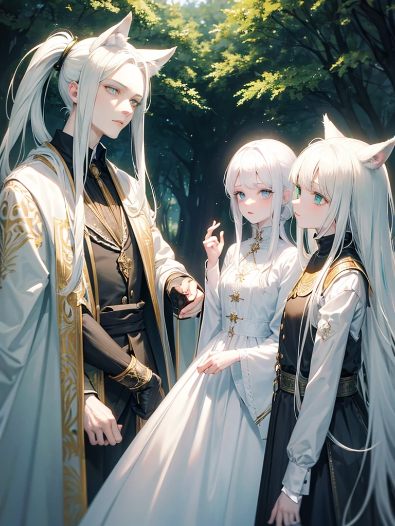 A psychologist with a white coat and wolf ears, beautiful, albino, tall, 28 years old, with his two twin sisters with emerald green eyes.