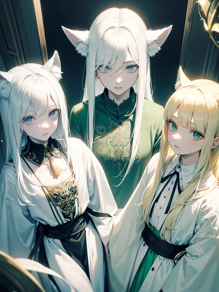 A psychologist with a white coat and wolf ears, beautiful, albino, tall, 28 years old, with his two twin sisters with emerald green eyes.