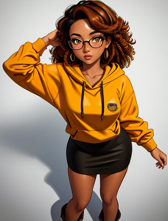 (masterpiece,best quality,absurdres,beautiful,aesthetic,detailed), (Detailed face:1.2), (Detailed eyes:1.2), 1girl, solo, 20 year old college student, she has tan-bronze skin with some freckles, short curly black hair with orange highlights, amber colored eyes, (she's wearing a yellow hoodie, black pencil skirt, glasses and boots),  (Character Focus),Perfect Anatomy, Looking at Viewer, 
